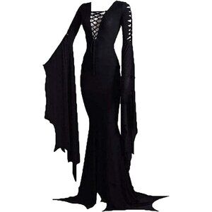 Women's Black Nmorticia Floor Dress Costume Adult Gothic Witch Vintage Dress